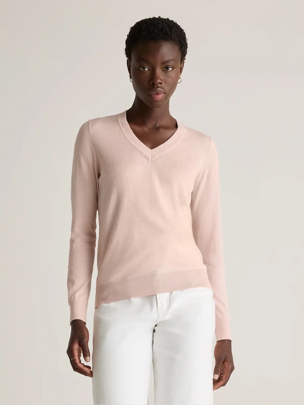Quince Sugar Stone Lightweight Cotton Cashmere V-Neck Sweater Sz M Quiet Luxury